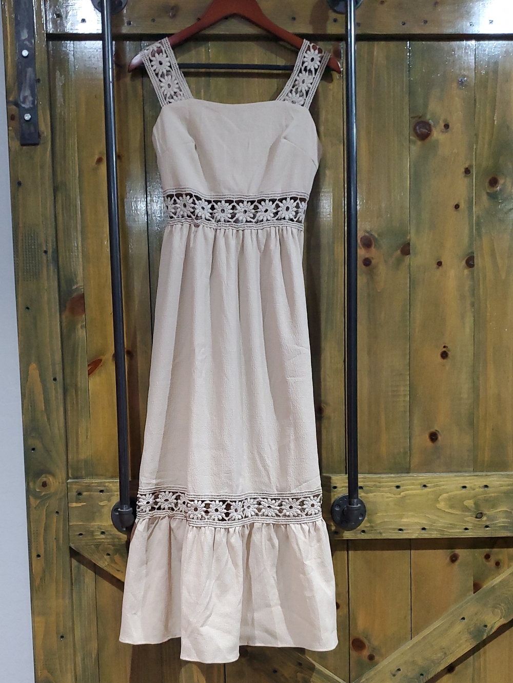 Sleeveless Cream Lace-Trim Midi Dress Country Cottage Western Boho Farm Chic